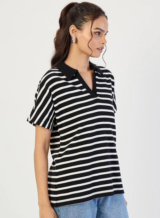 Femmella Black Striped Knit Polo T-Shirt